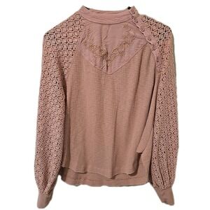Free People Sweetest Thing Thermal Top With Crochet Laced Sleeves Size XS